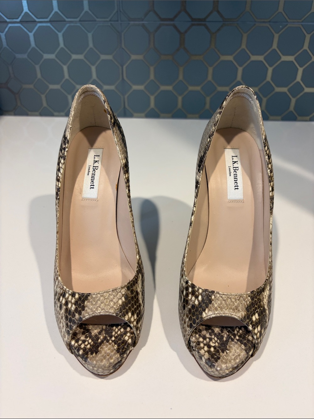 LK Bennett Neutral Snake-Print Peep-Toe Pumps
